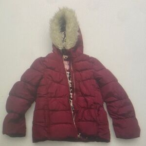 Kids Burgundy Puffer Jacket with Faux Fur Hood